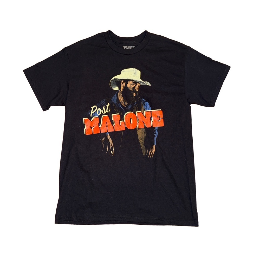 Unisex Cowboy Post Malone Black Tee with Orange Accents, Size Medium